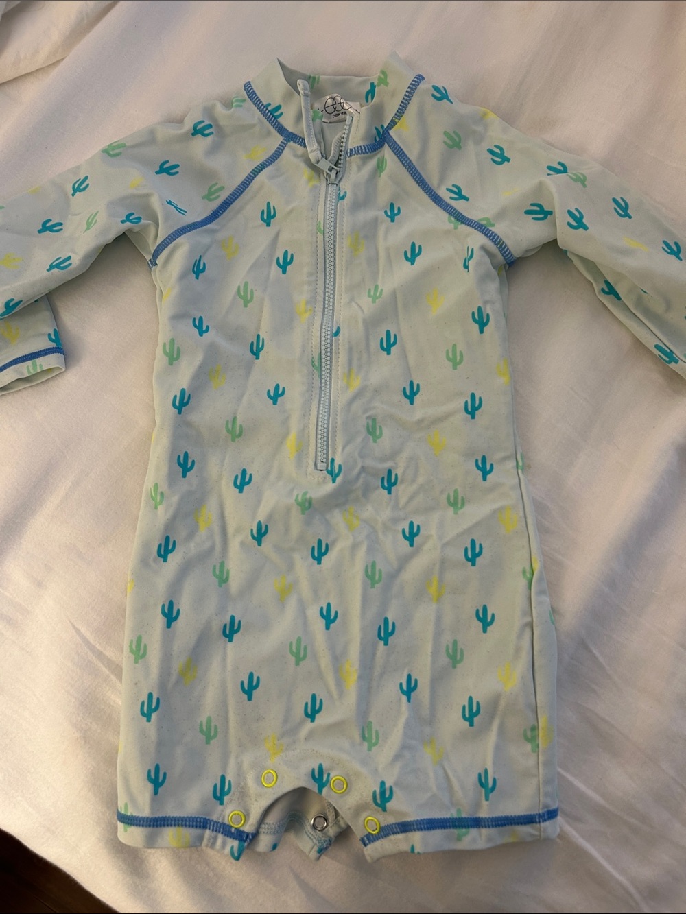 Kids Cactus Print Light Blue One-Piece Swim Suit with Long Sleeves